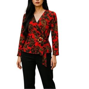 Topshop Floral Wrap Top Red